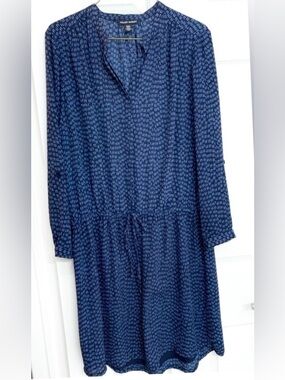 Hilary Radley Navy Patterned Long Sleeved Button-Down Drawstring Dress